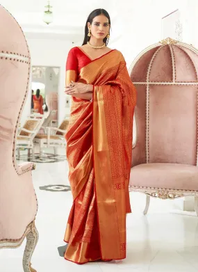 Alluring Red Color Silk Fabric Silk Weave Embroidered Saree