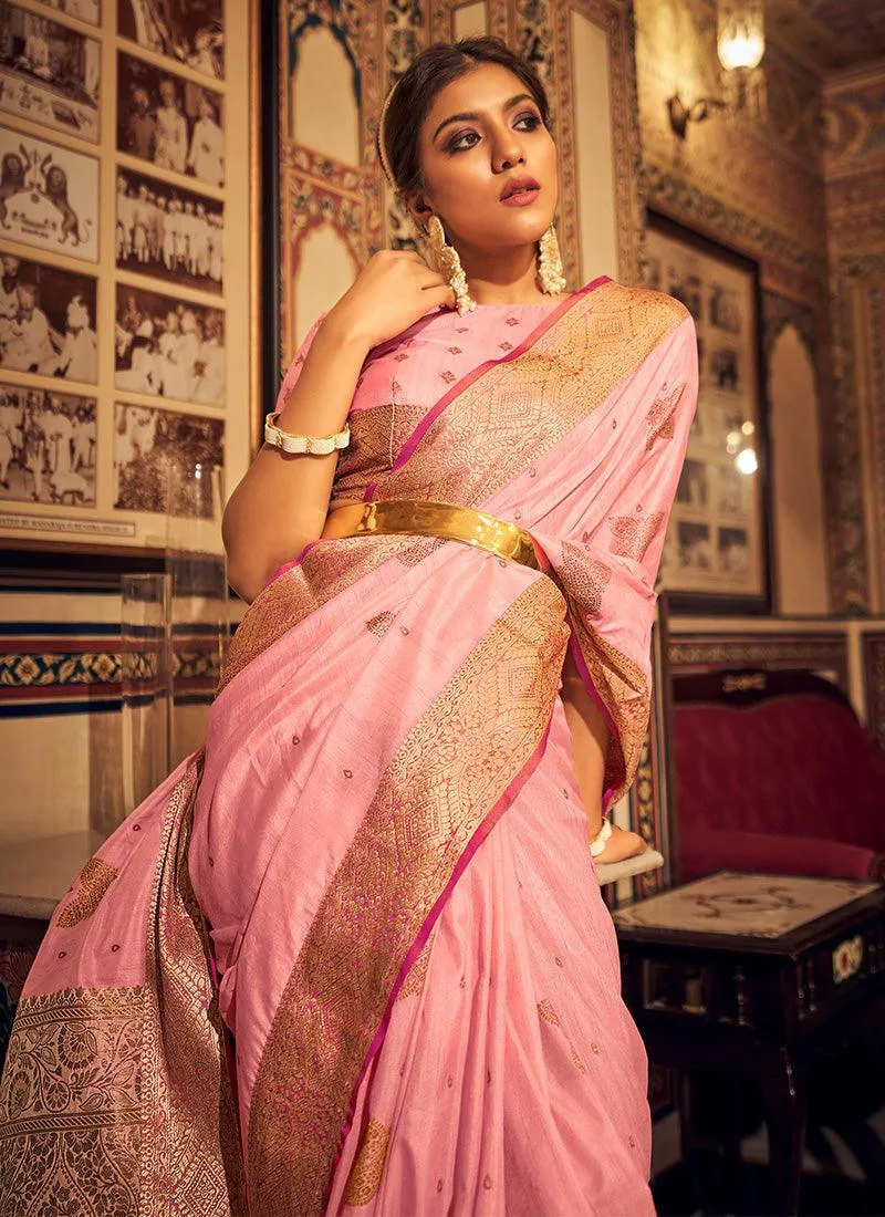 Astonishing Silk Base Pink Color Saree With Silk Weave