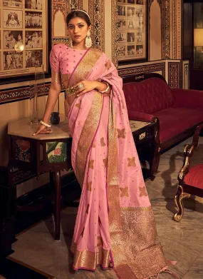 Astonishing Silk Base Pink Color Saree With Silk Weave