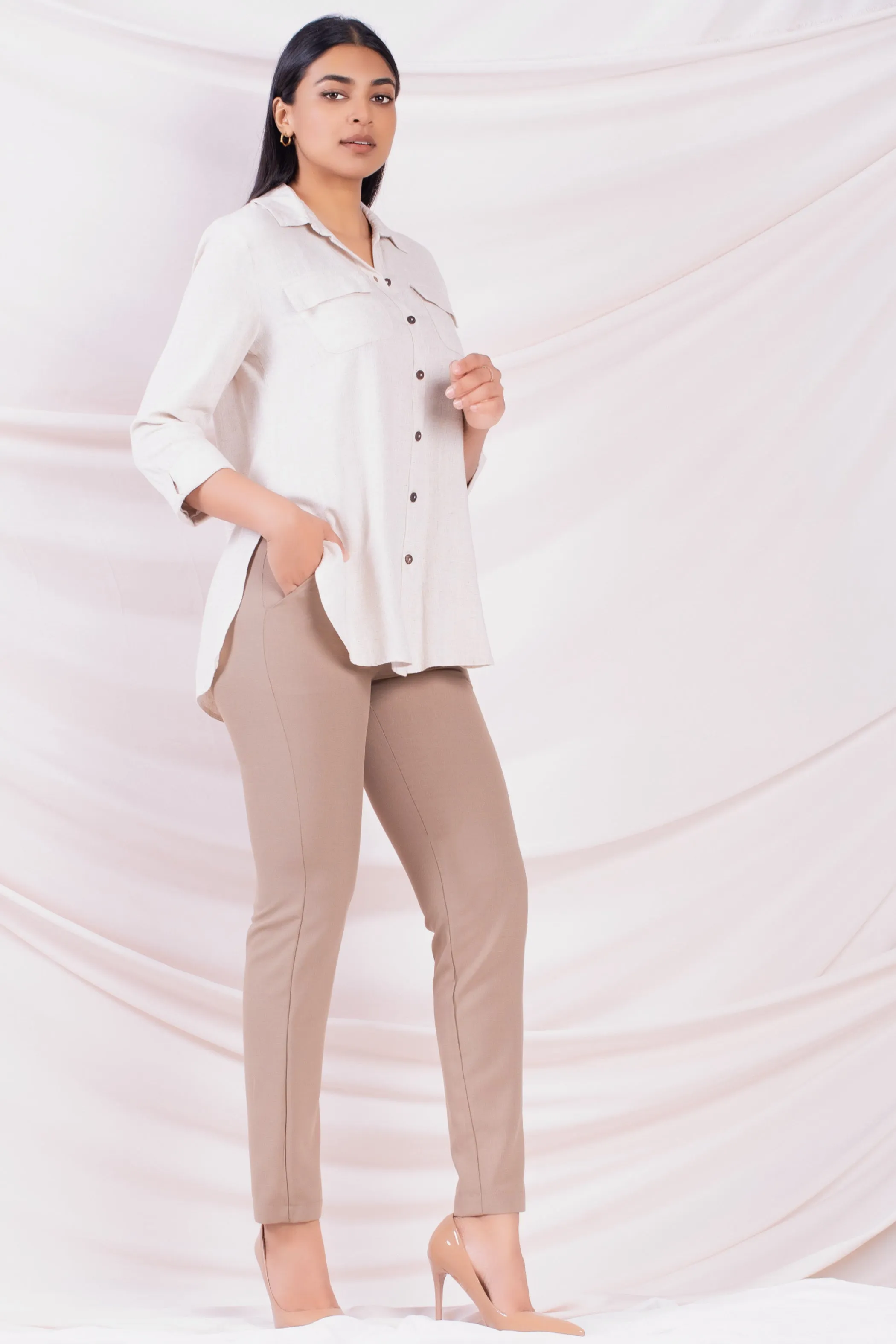 Beige Three Quarter Sleeve Shirt