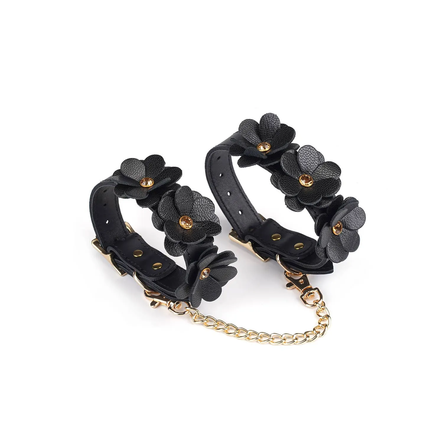 Black Leather Flowers Ankle Cuffs