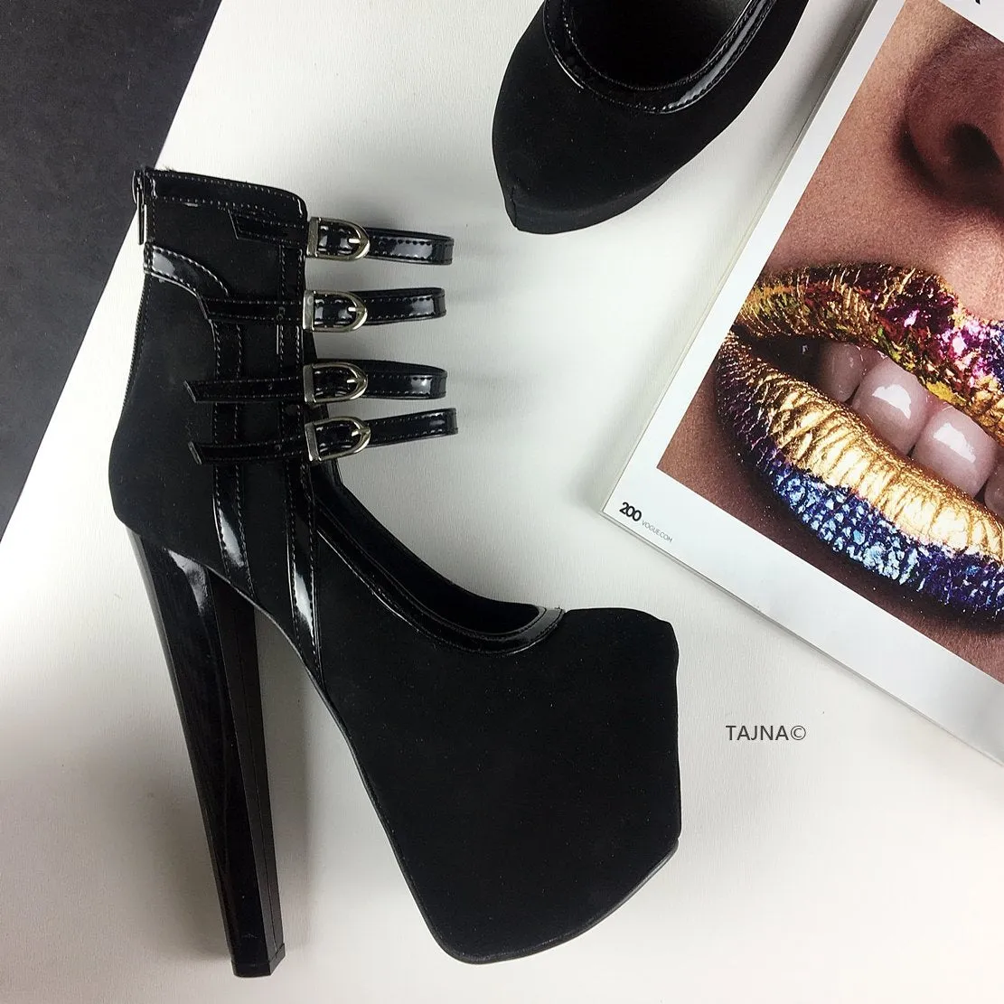 Black Suede Four Belted Ankle Platforms