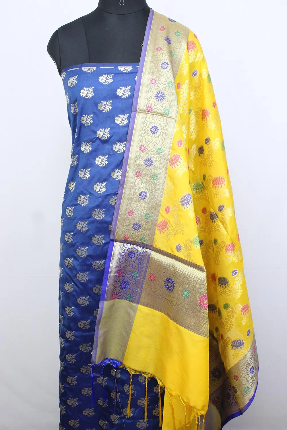 Blue Banarasi Silk Suit With Yellow Banarasi Silk Meenakari Dupatta