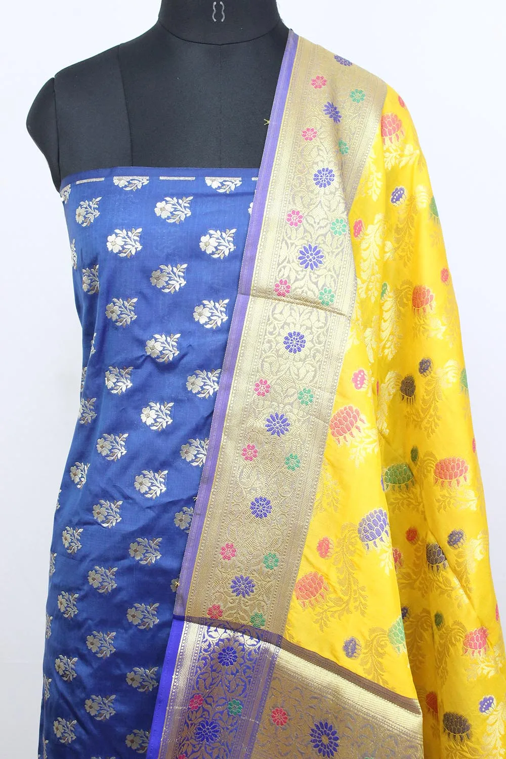 Blue Banarasi Silk Suit With Yellow Banarasi Silk Meenakari Dupatta