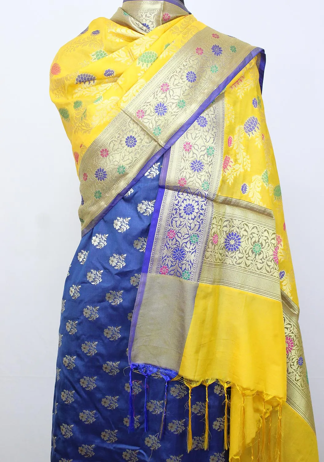 Blue Banarasi Silk Suit With Yellow Banarasi Silk Meenakari Dupatta