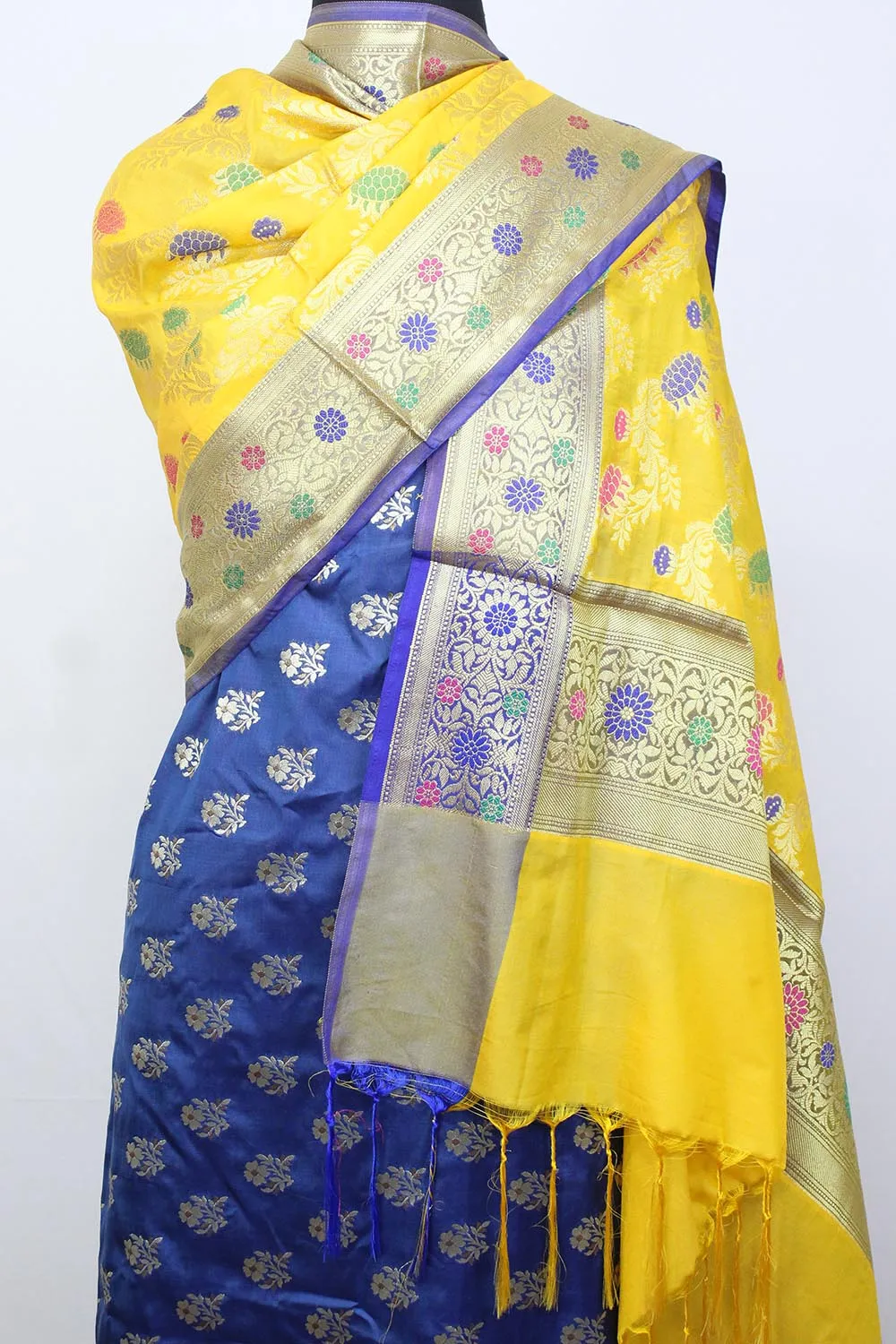 Blue Banarasi Silk Suit With Yellow Banarasi Silk Meenakari Dupatta