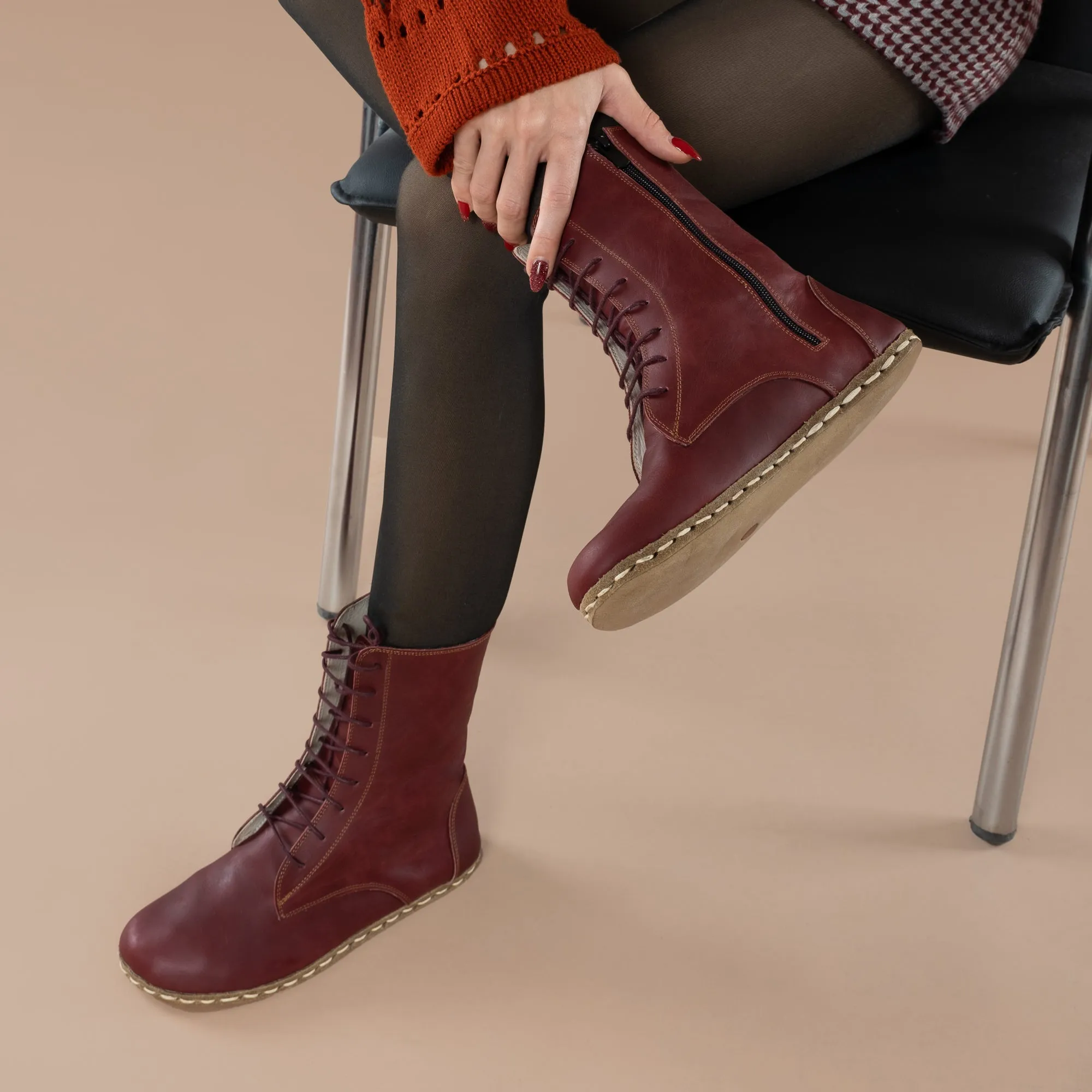 Men's Burgundy Barefoot High Ankle Boots