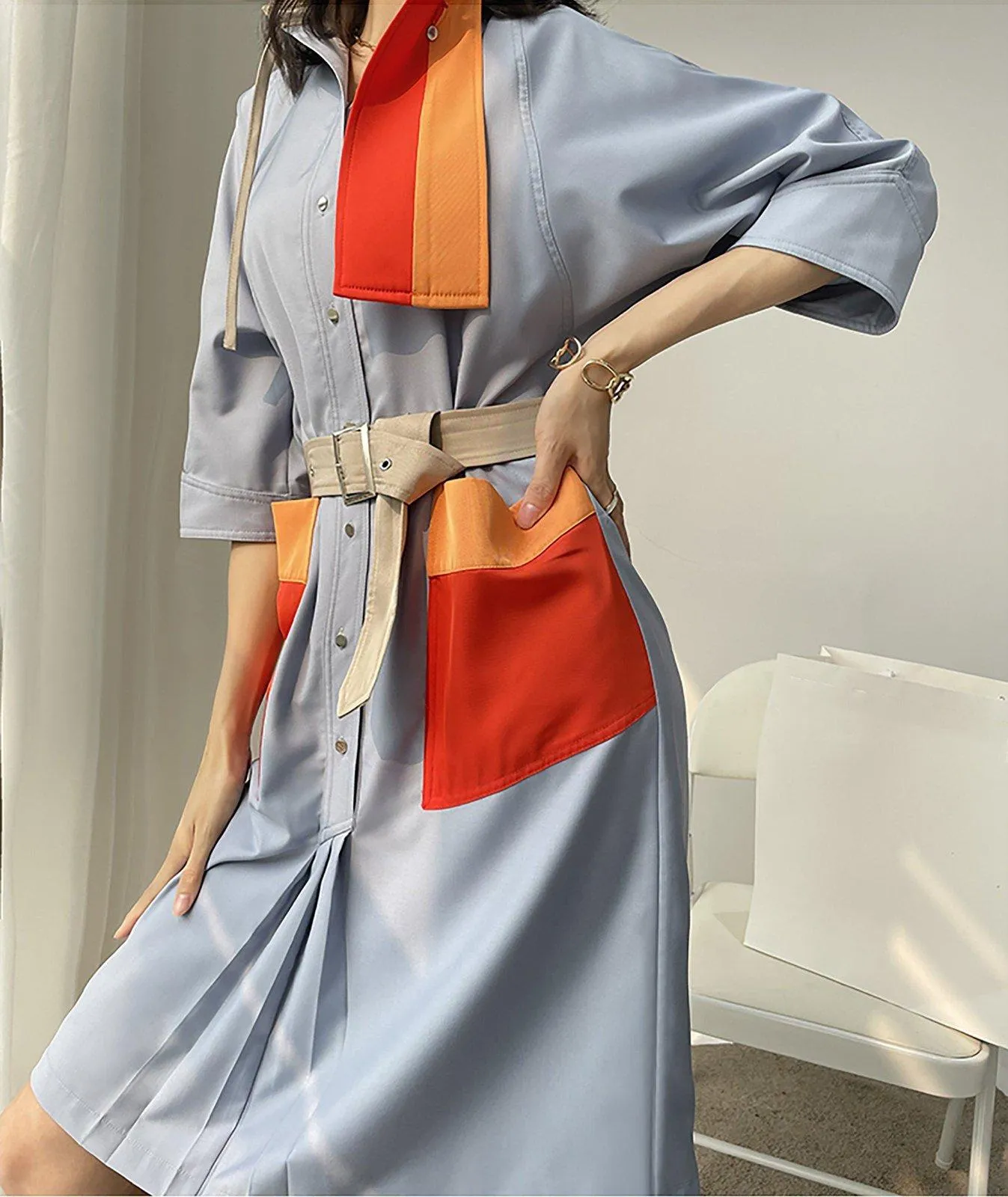 Patchwork Three-Quarter Sleeve Shirtdress