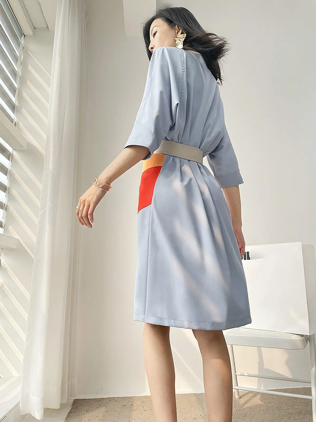 Patchwork Three-Quarter Sleeve Shirtdress