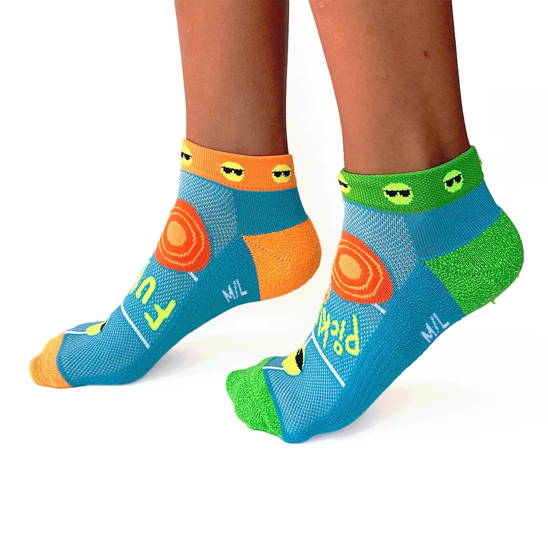 Pickleball FUNatic- 2 pair bundle (2 green socks ,2 blue socks with orange/purple)