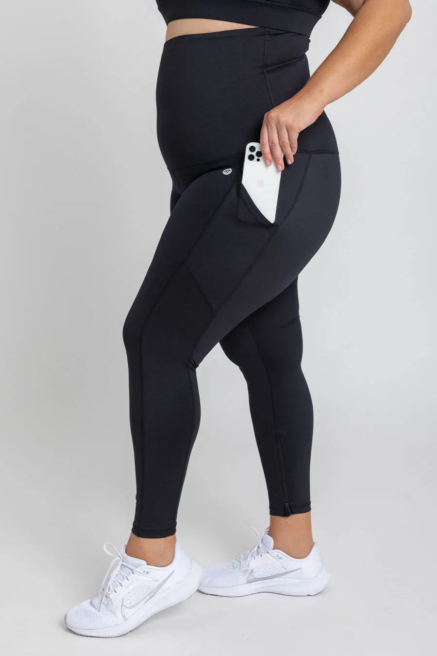 Postpartum Pocket Zip Ankle Biter Tight - Black