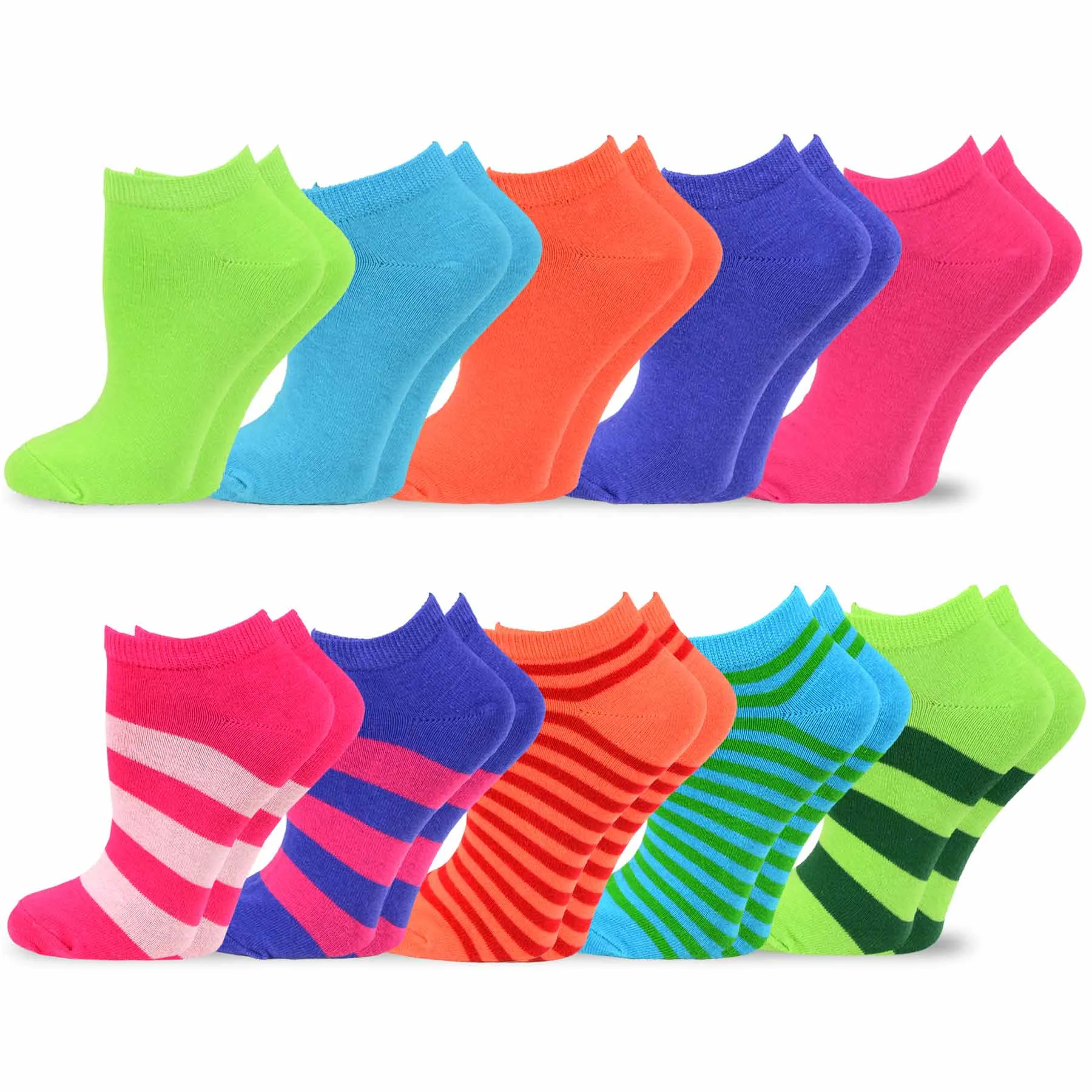 TeeHee Socks Women's Casual Cotton No Show Multi Stripes/Solid 10-Pack (11203)