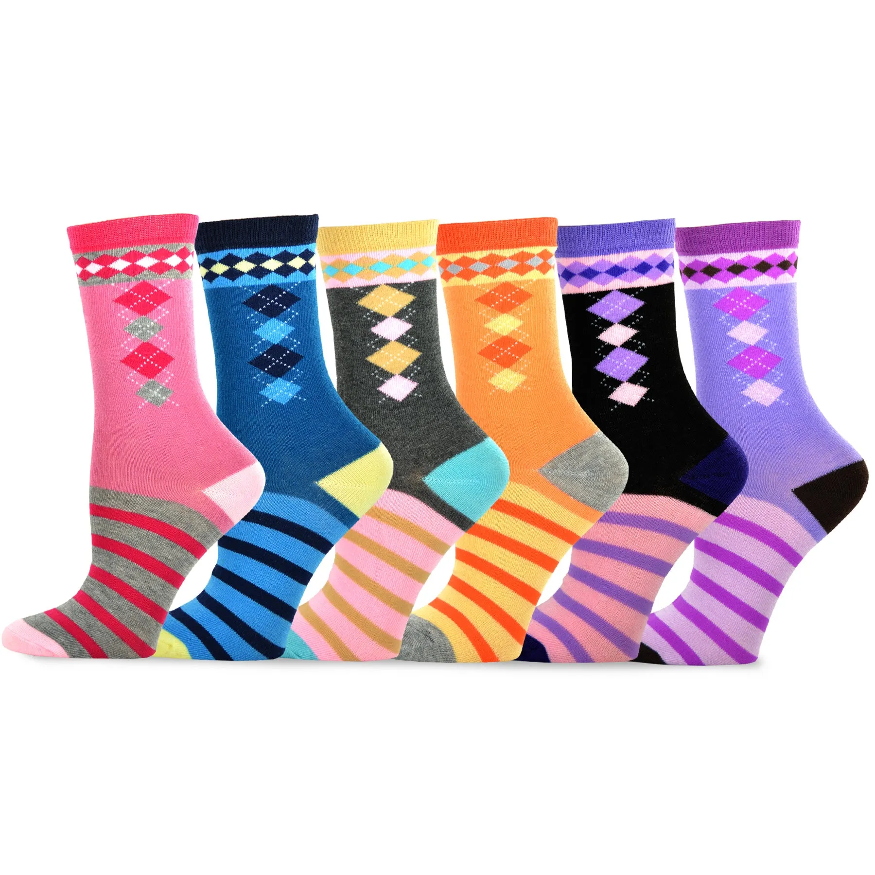 TeeHee Socks Women's Casual Polyester Crew Snowflake Stripe 6-Pack (11635)