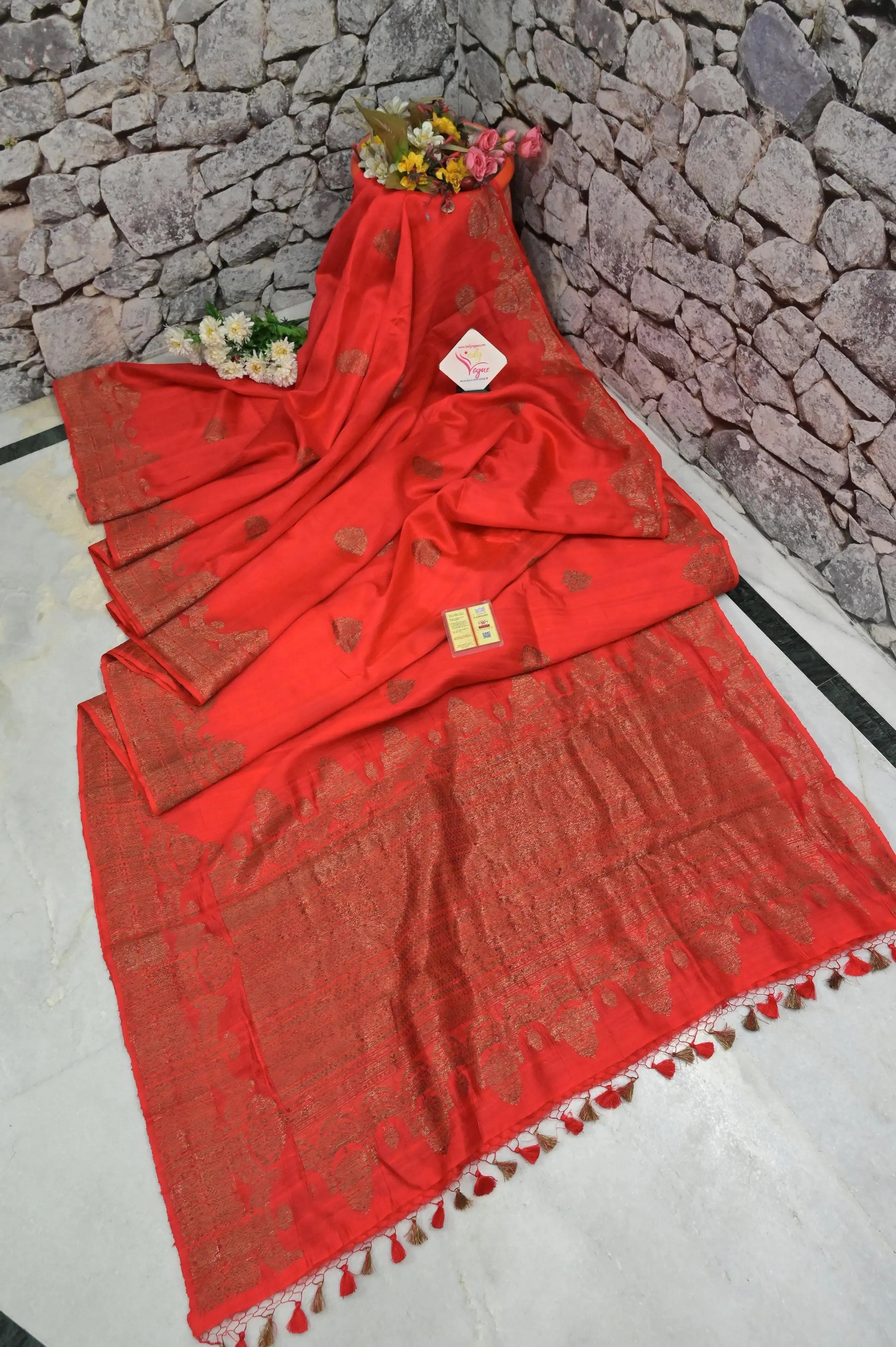 Tomato Red Color Raw Silk Banarasi Silk Saree with Butta Work