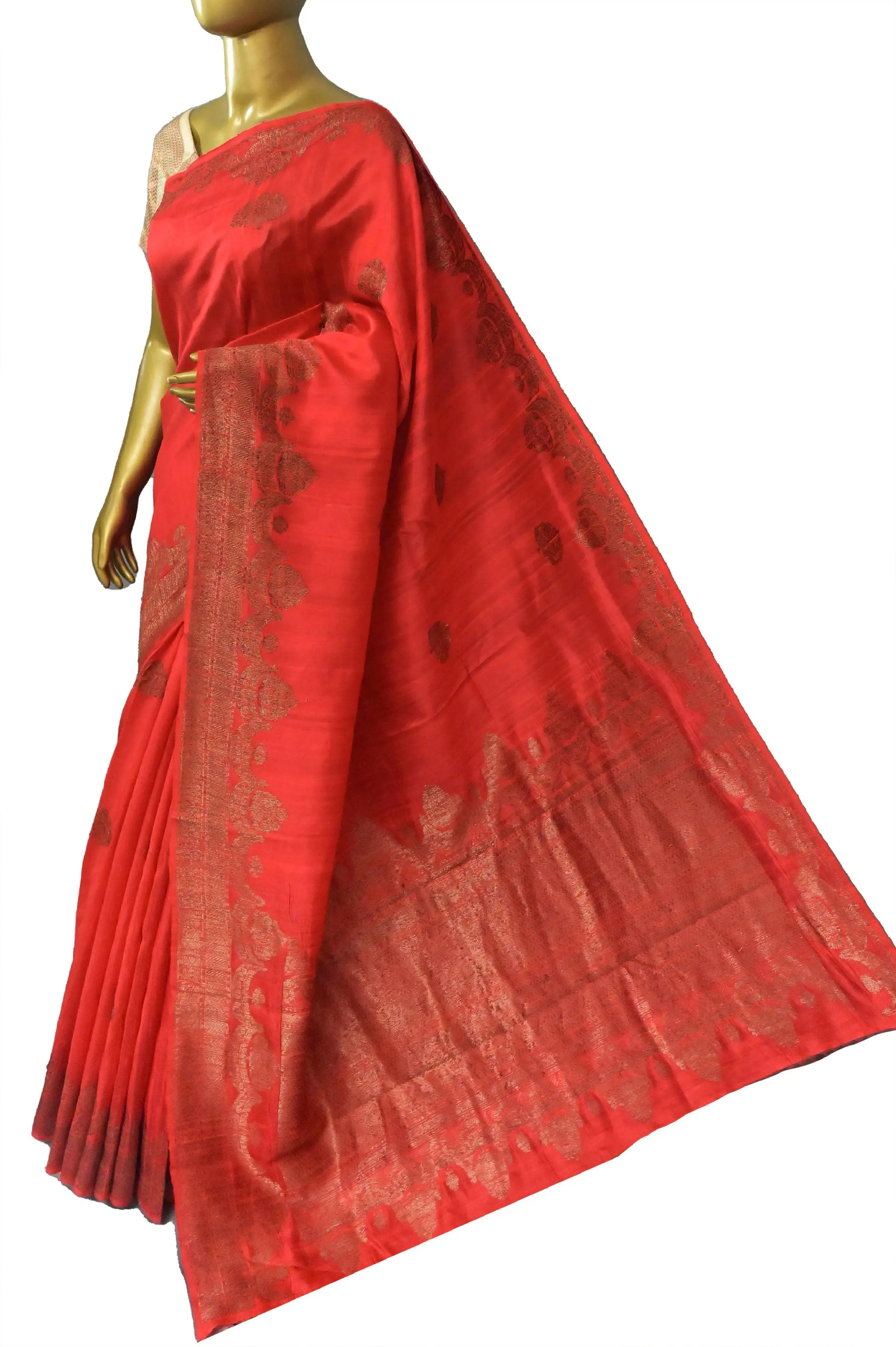 Tomato Red Color Raw Silk Banarasi Silk Saree with Butta Work