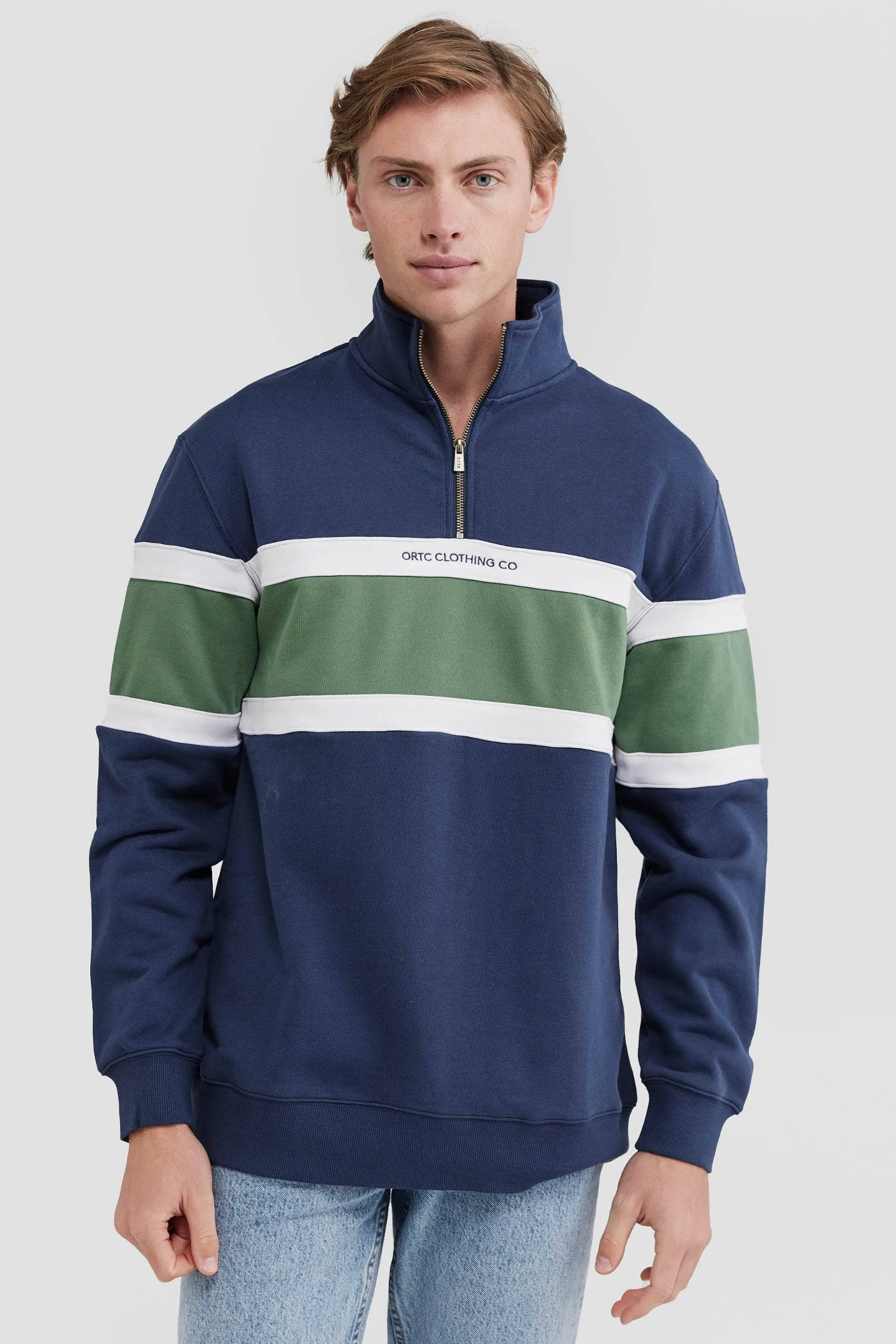 Triple Panel Quarter Zip Navy and Olive